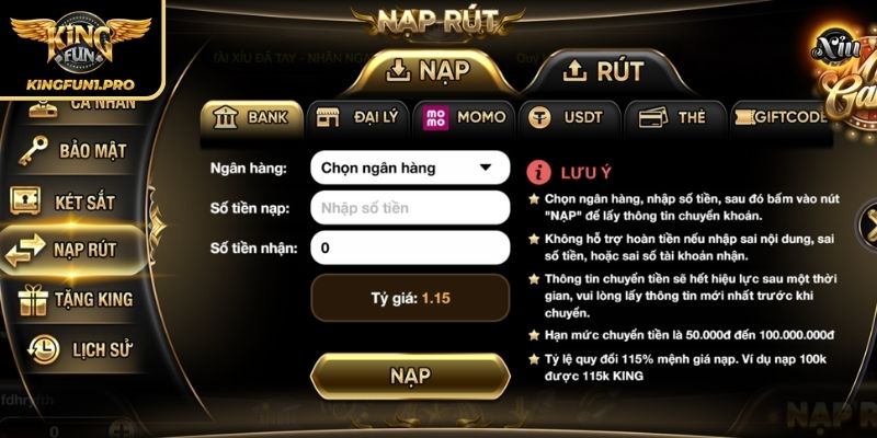 Các phương thức nạp tiền KINGFUN phổ biến