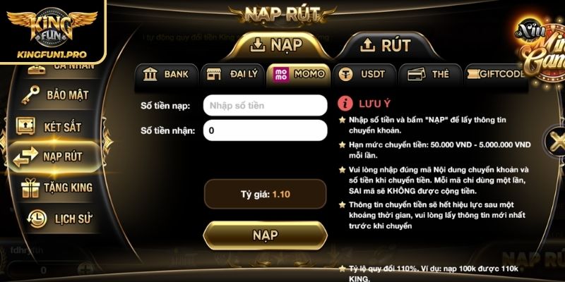 Nạp tiền KINGFUN tiện lợi qua ví điện tử